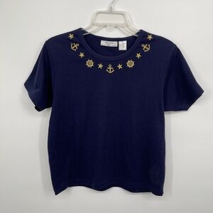 Keneth Too! Vintage Women's Navy Nautical Embroidered Short Sleeve T-Shirt Sz PL